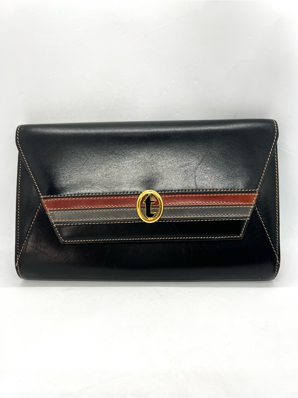 Vintage A. Testoni Black Leather Clutch Purse Italy Gold Logo Bag